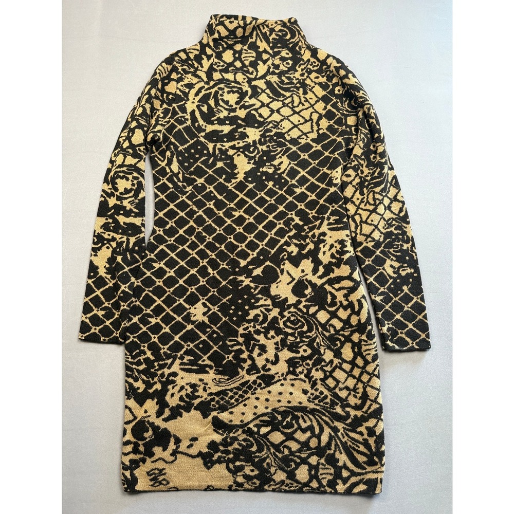 Venus Dress‎ Large Black Gold Floral Print Mock Neck Long Sleeve Knit